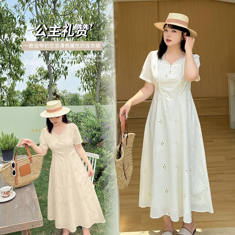大码胖女生法式镂空中长款收腰连衣裙