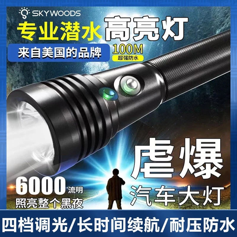 SKYWOODS专业潜水手电筒6000流明高亮水下防水照明水肺自由潜装备