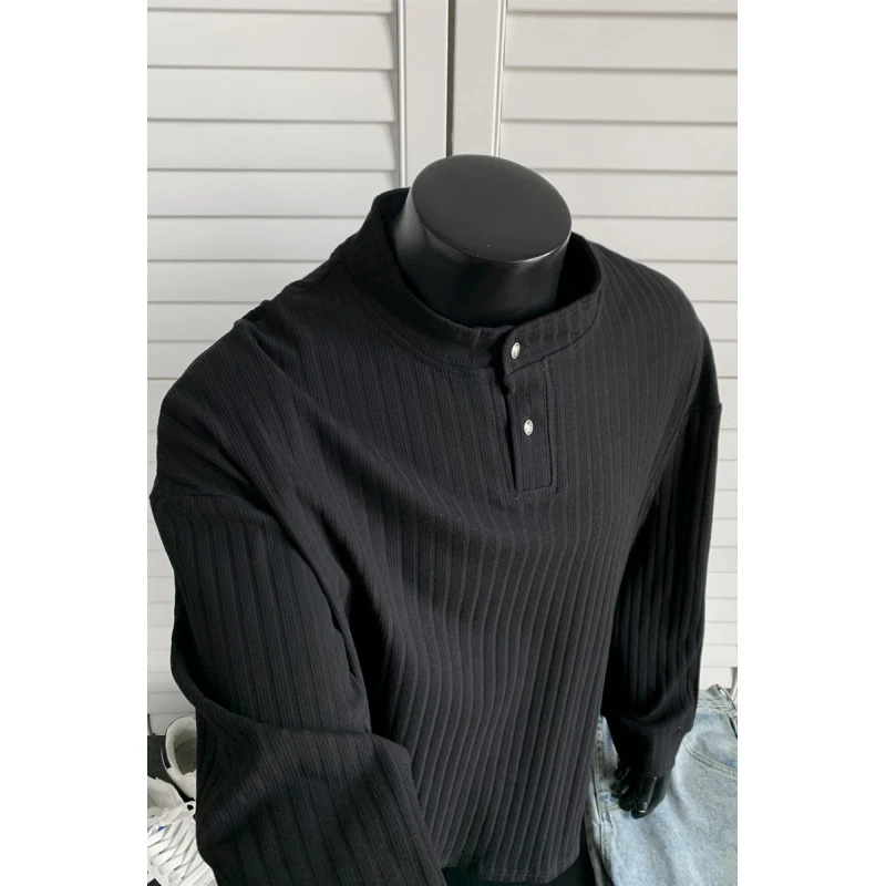 美式亨利领简约长袖T恤男春秋纯色肌理线条情侣宽松百搭休闲上衣