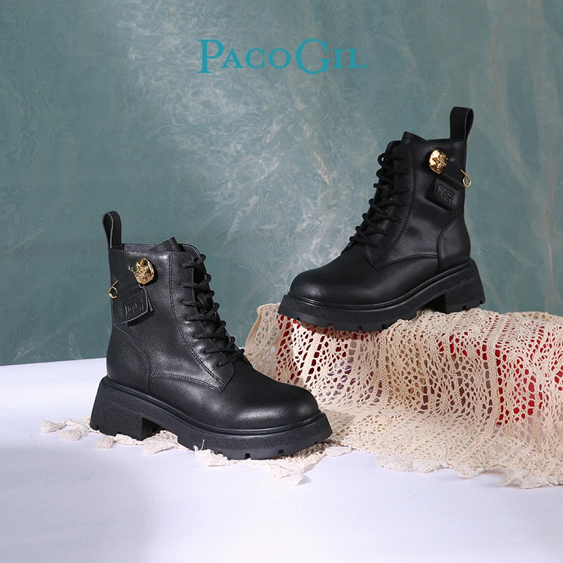 PACO GIL马丁靴秋冬厚底系带加绒工作鞋粗跟圆头真皮短靴XPB52081