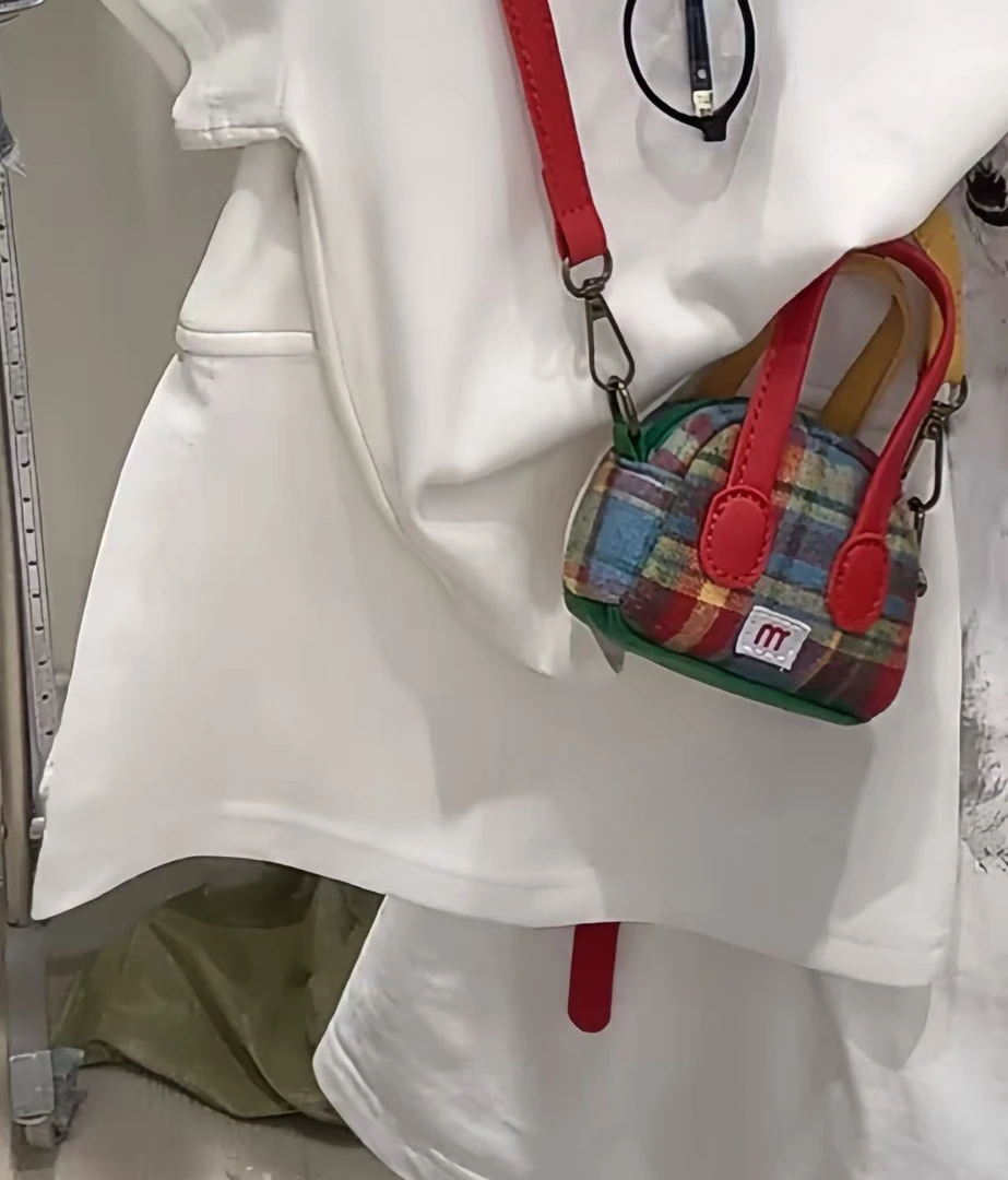 小粉象 ·女童2025夏季新款美式复古斜挎包格纹便携包拼色小包