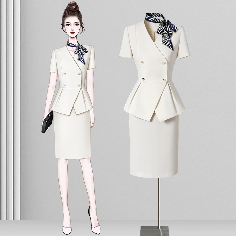 短袖西装裙职业女裙套装正装套装名媛气质美容师主持人礼仪