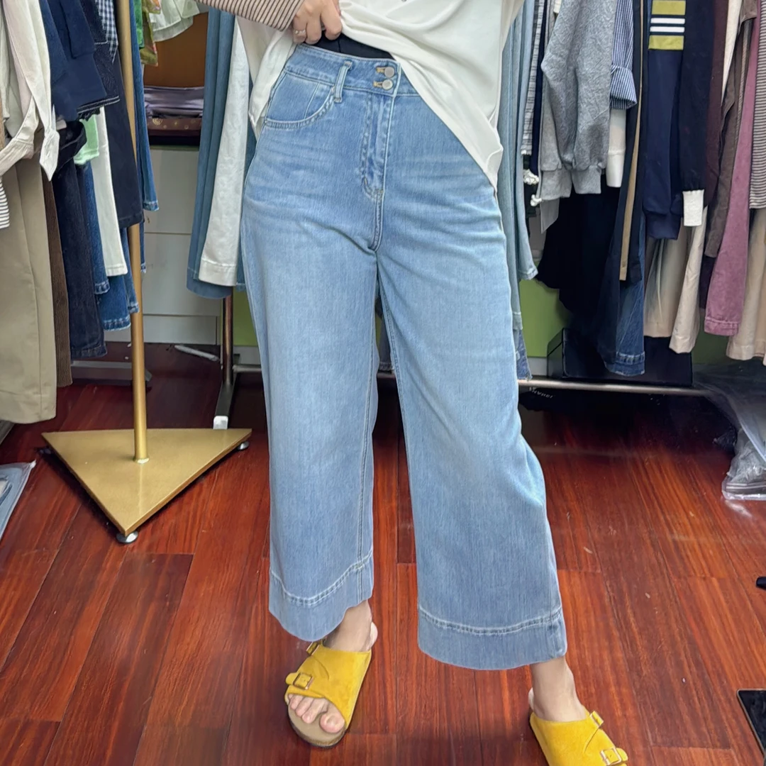 巴85279，秋季新款高腰小个子冰丝休闲九分直筒阔腿牛仔奶奶裤
