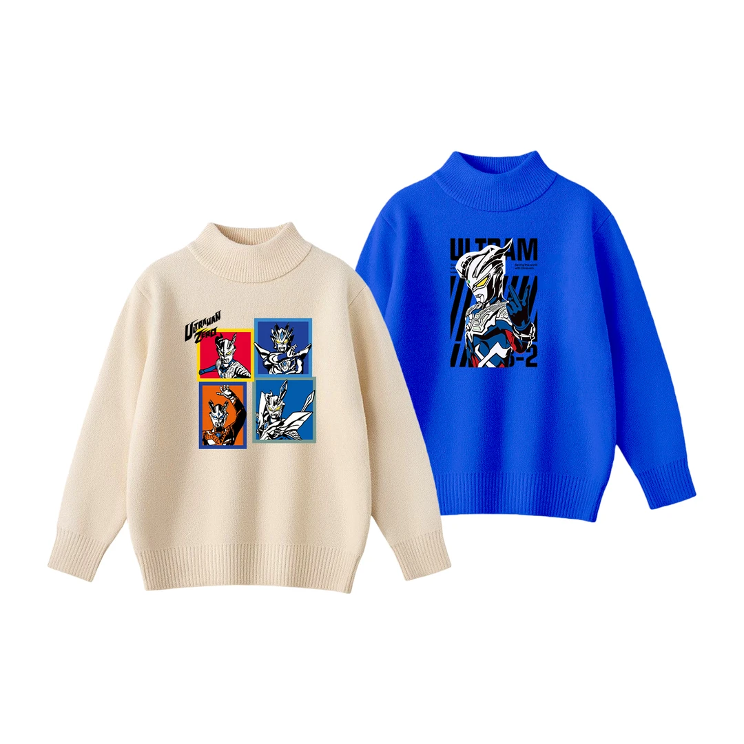 奥特曼圆领毛衣儿童秋冬新款加绒加厚针织衫男女童保暖上衣打底衫