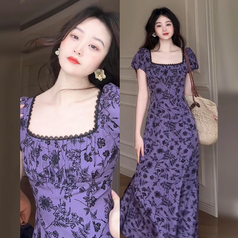 法式紫色方领碎花连衣裙子女夏季2025新款高级感气质收腰长裙2159