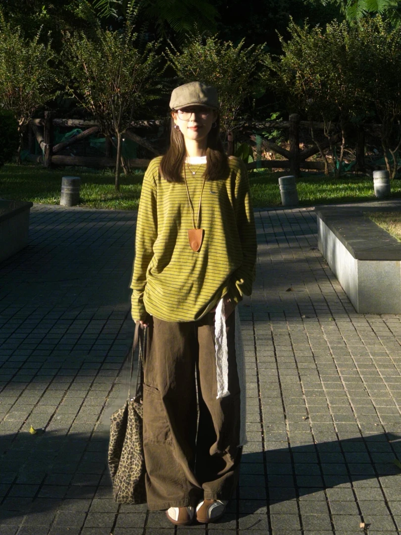 2025秋季新款韩系气质芥末黄条纹撞色上衣高腰百搭阔腿裤两件套装