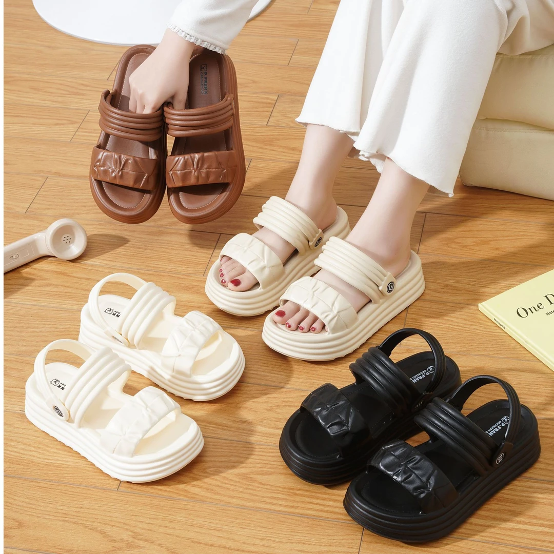 2025新款5厘米厚底增高凉鞋女款夏季后跟沙滩防滑小皮鞋外穿休闲