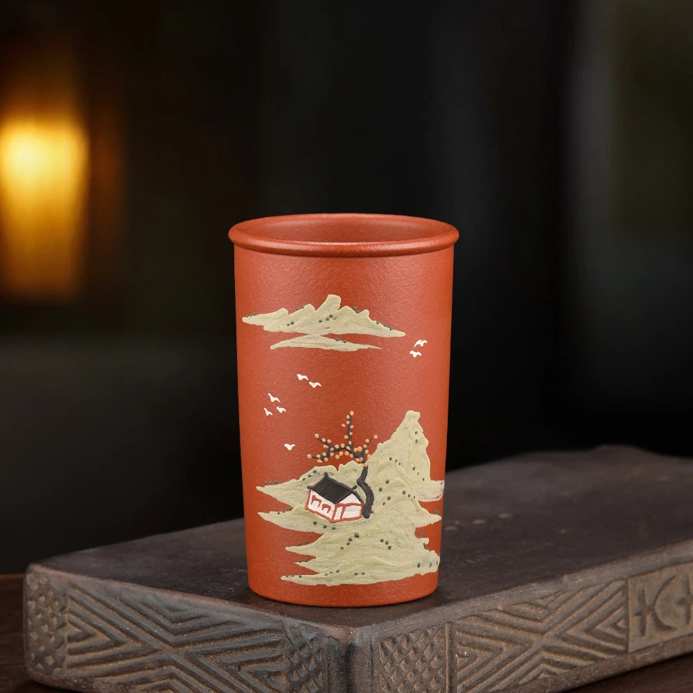 宜兴原矿紫砂主人杯 小红泥    泥绘  山水