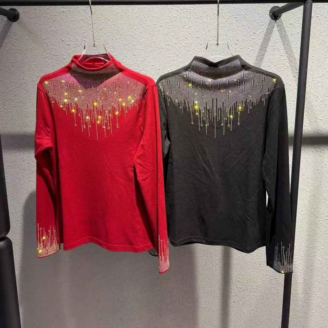 coco家时尚重工烫钻长袖打底T恤女士网红休闲设计师秋冬镶钻流苏