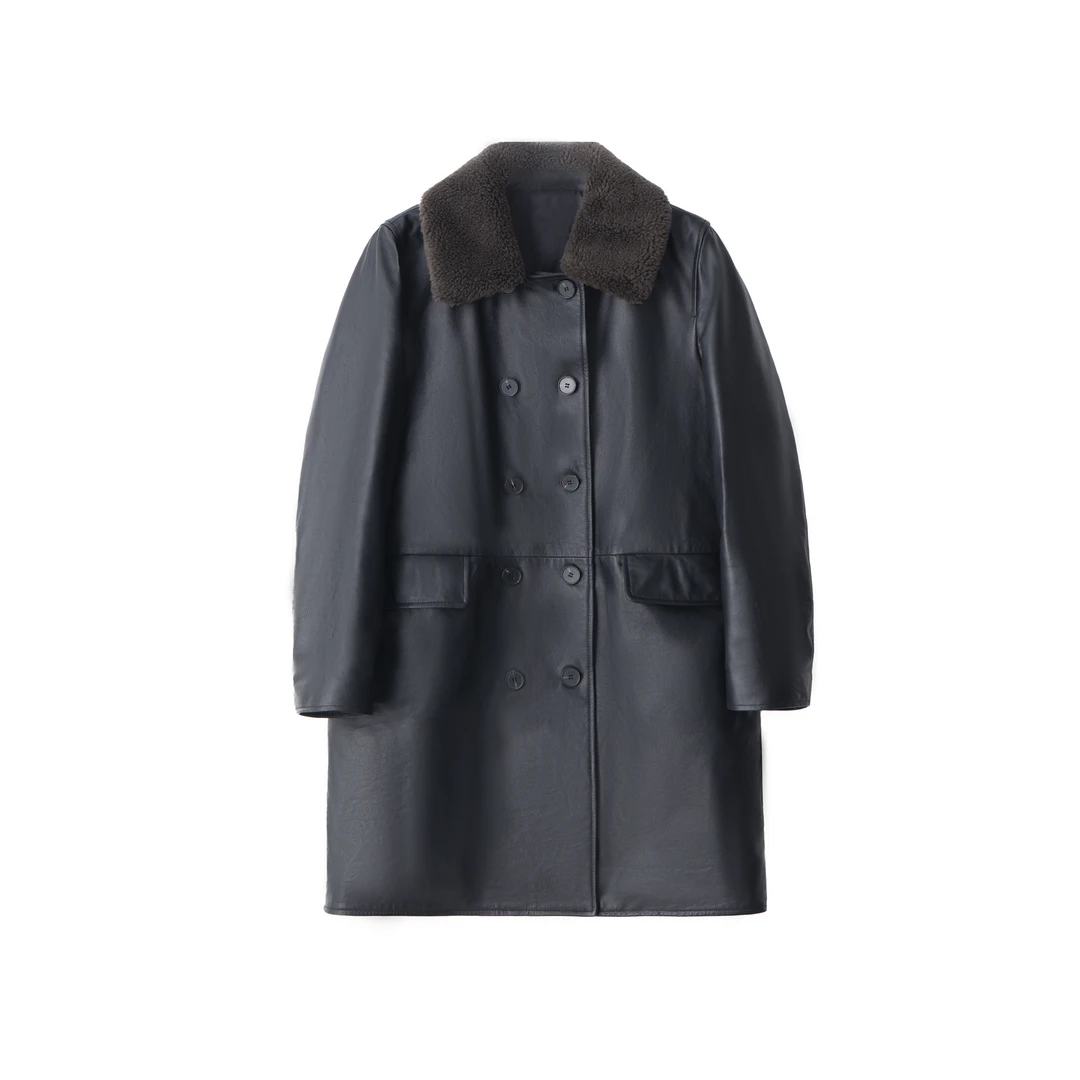 酷感时髦帅气羊毛领牛皮复古女装保暖外套【6363】