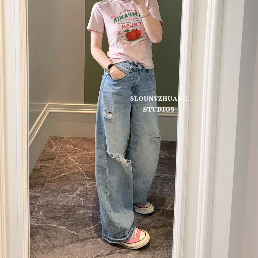 薄款超火破洞裤弯刀裤花匣子牛仔裤女2025新款夏503300-1阔腿裤子