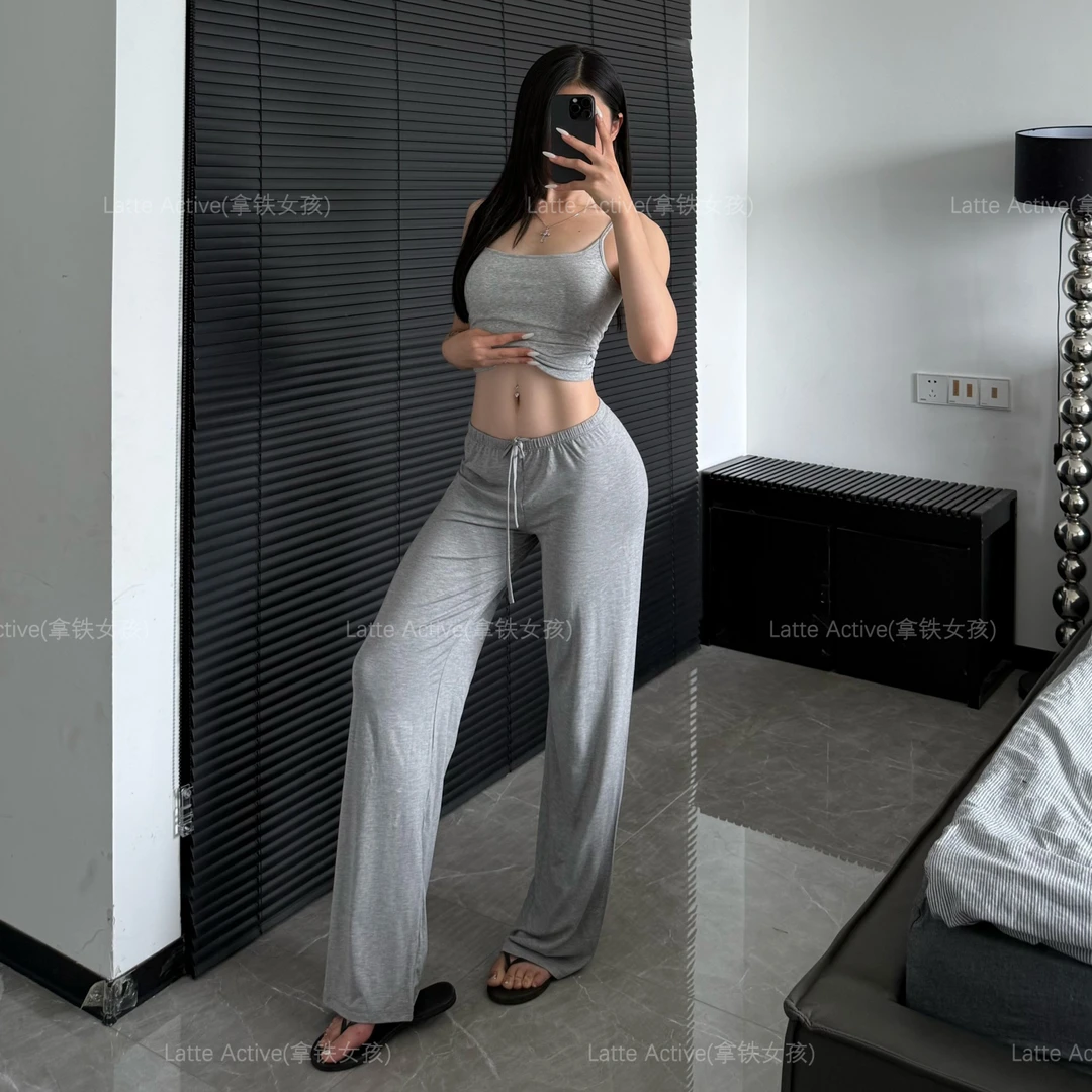 拿铁女孩薄款显瘦休闲裤宽松直筒阔腿裤宽松健身裤长裤抽绳运动