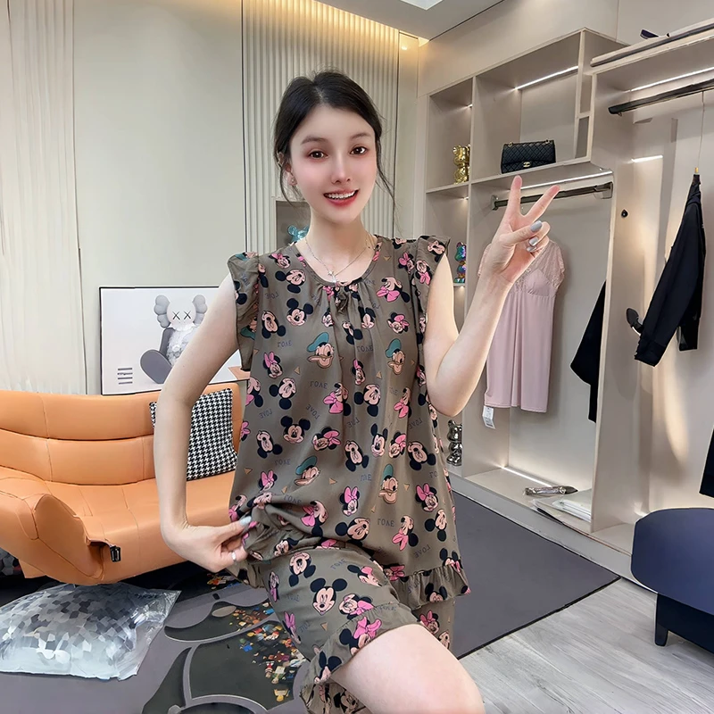 棉绸背心睡衣套女秋季短裤两件套装棉绸无袖卡通薄款人造棉家居服