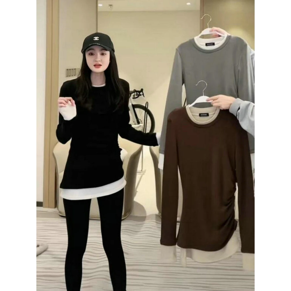 秋冬拼接磨毛内搭ins收腰假两件中长款长袖打底衫女韩系遮臀上衣