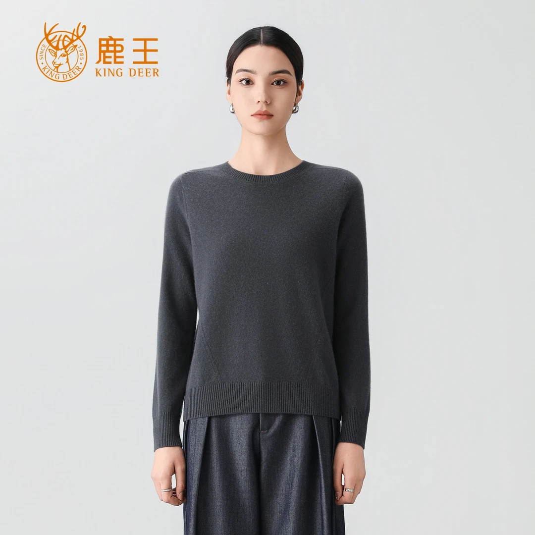 【外销款】鹿王女圆领100山羊绒纯色休闲百搭针织套衫 AT5784