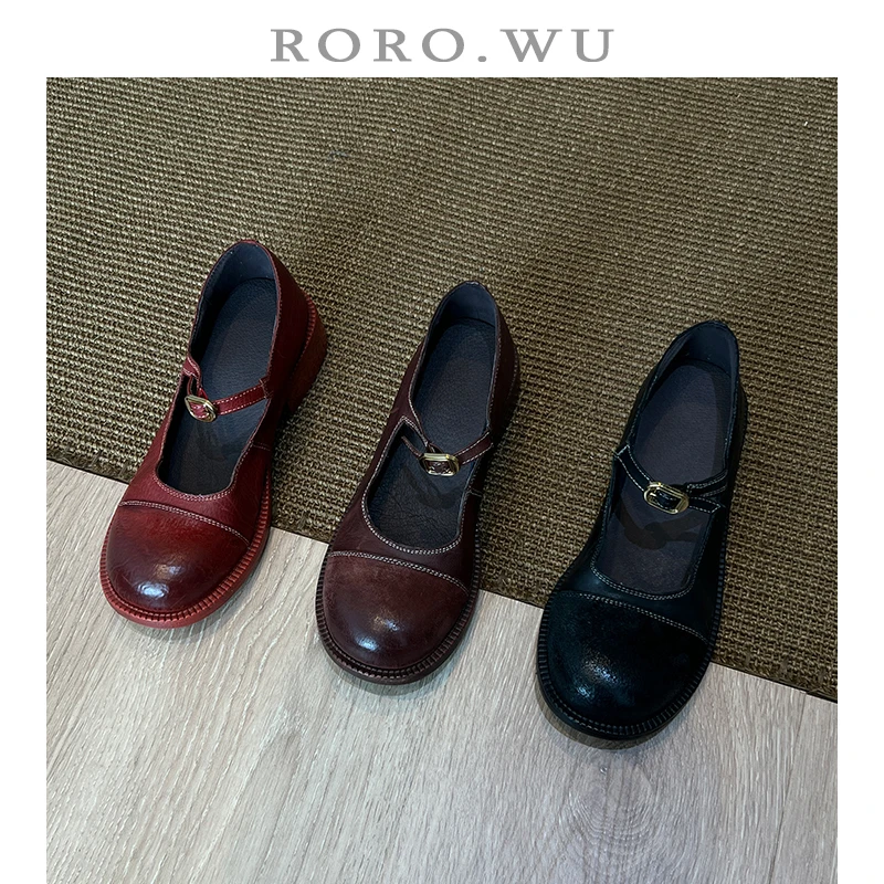 娆娆吴·水洗牛皮减龄乖乖头复古质感日常英伦学院小皮鞋单鞋D856