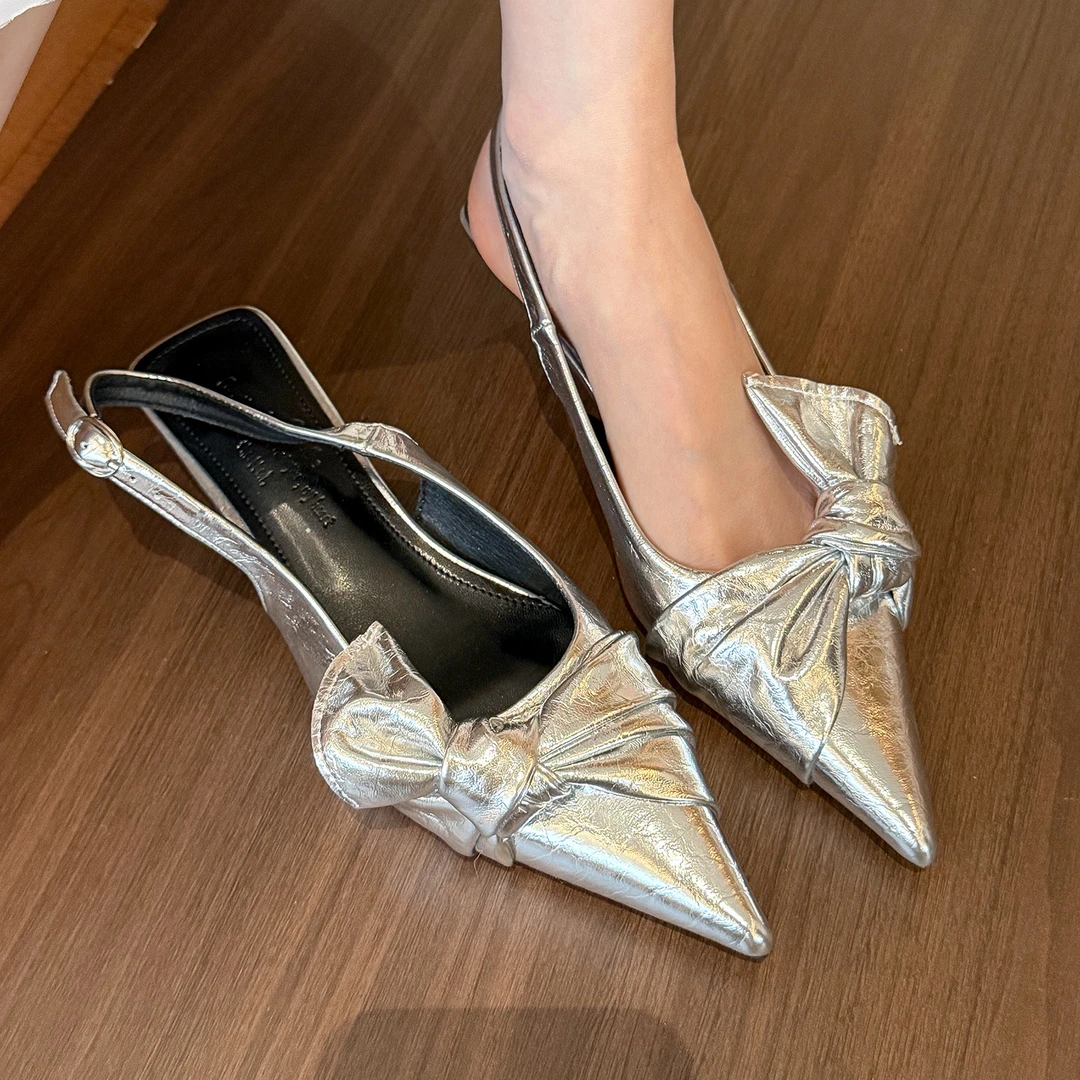 elingstudio 清冷蝴蝶！银色百搭尖头高跟凉鞋女后空春夏浅口单鞋