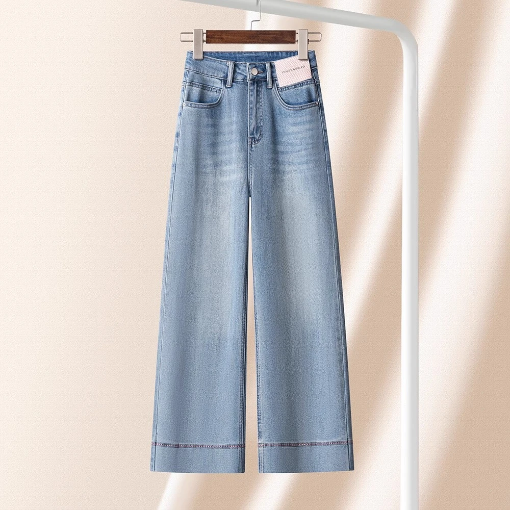 浅蓝色牛仔小个子直筒裤女春夏2025新款弹力显瘦九分窄版阔腿裤子