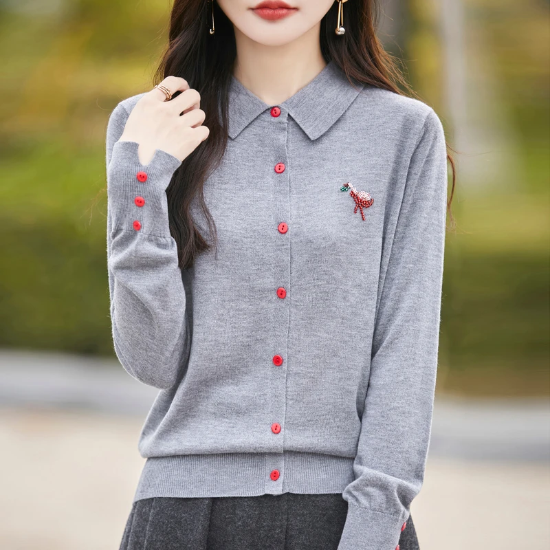 【水溶羊毛】精纺纯羊毛开衫女POLO领高级感钉珠火鸟气质针织上衣