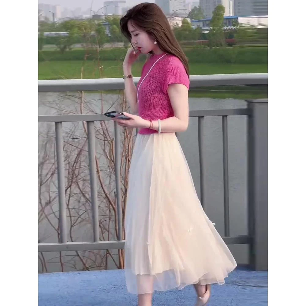 温柔系炸街奶乖套装甜美减龄短袖针织上衣仙女纱裙夏装搭配一整套