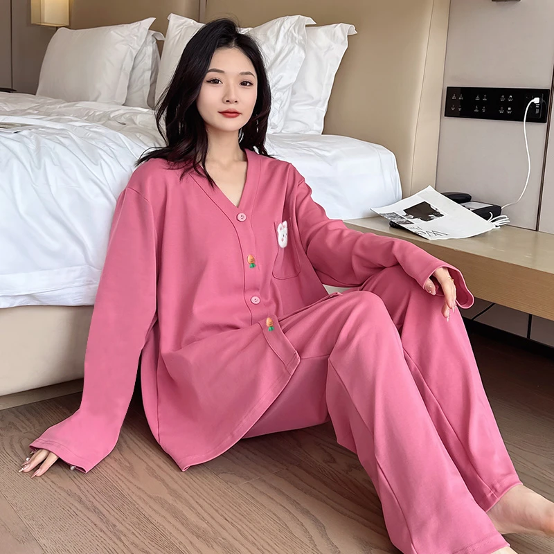 春秋大码纯棉睡衣女薄款家居服长袖长裤胖mm200-300斤宽松两件套