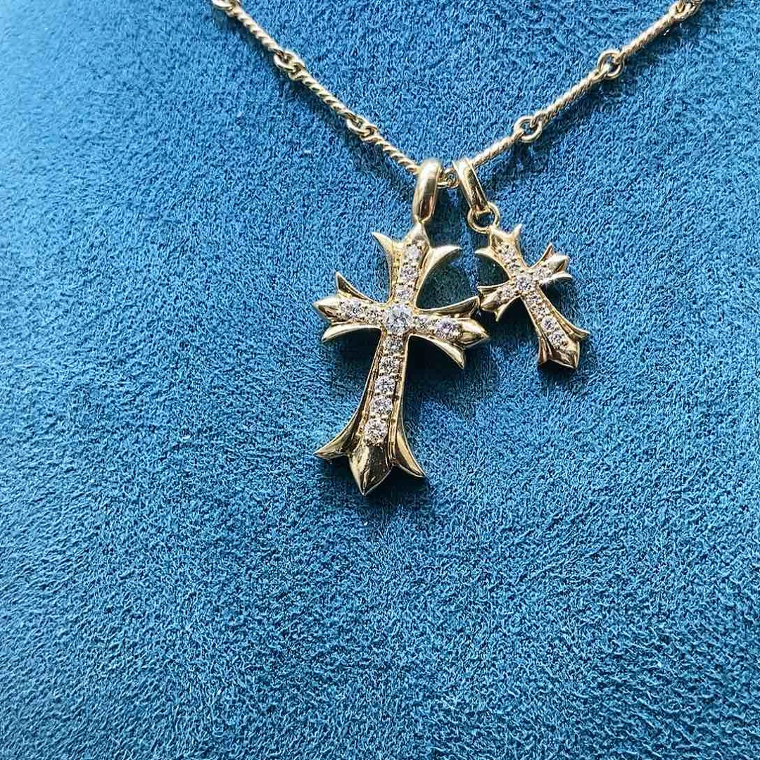 钻石颈饰18K金镶嵌k黄双十字架项链