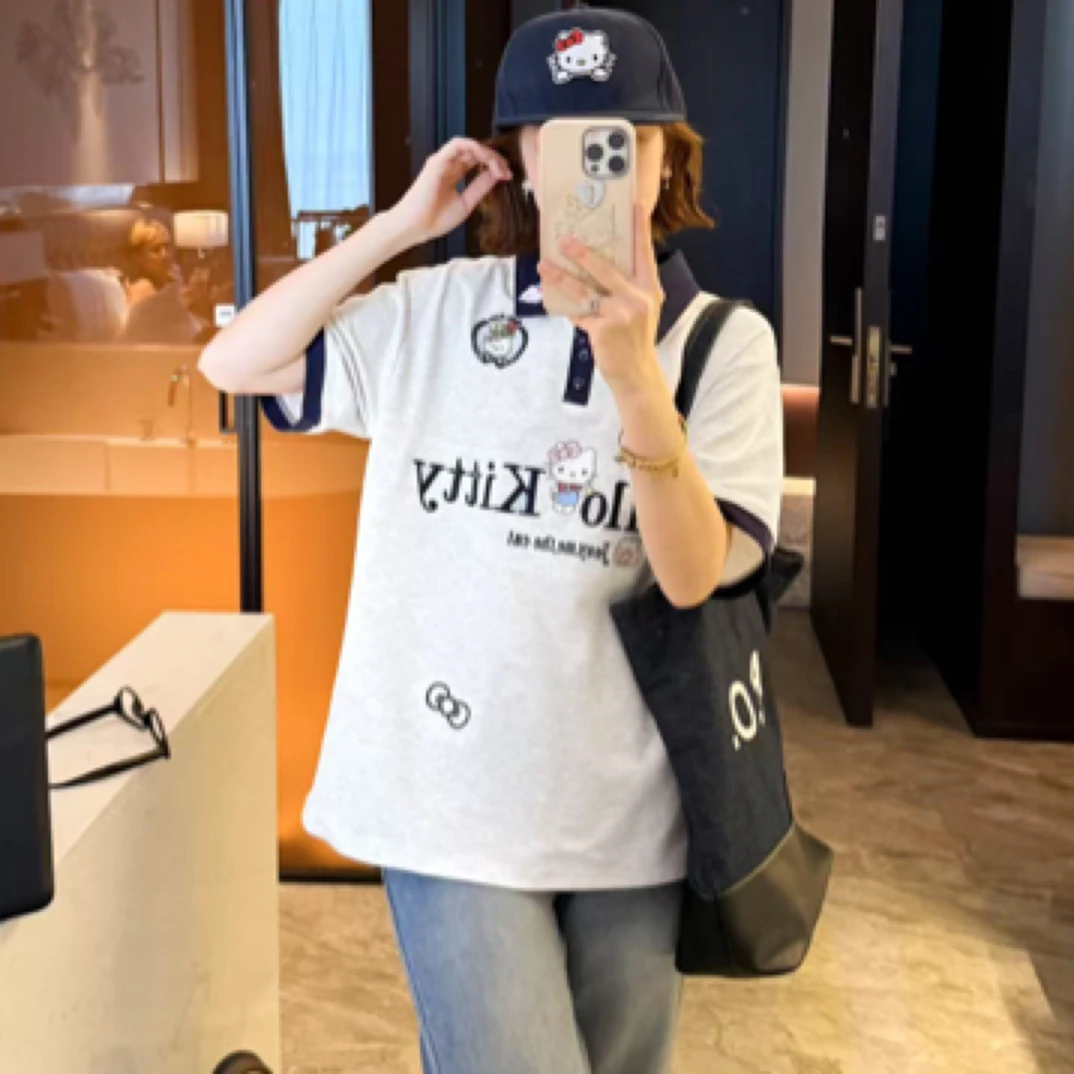 KT猫翻领Polo短袖T恤套头夏季新款珠地棉套头Polo衫女韩版宽松女T