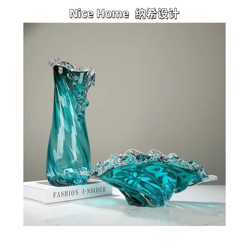 轻奢蓝色浪花花瓶水果盘收纳盘摆件客厅样板房可水培插花花器