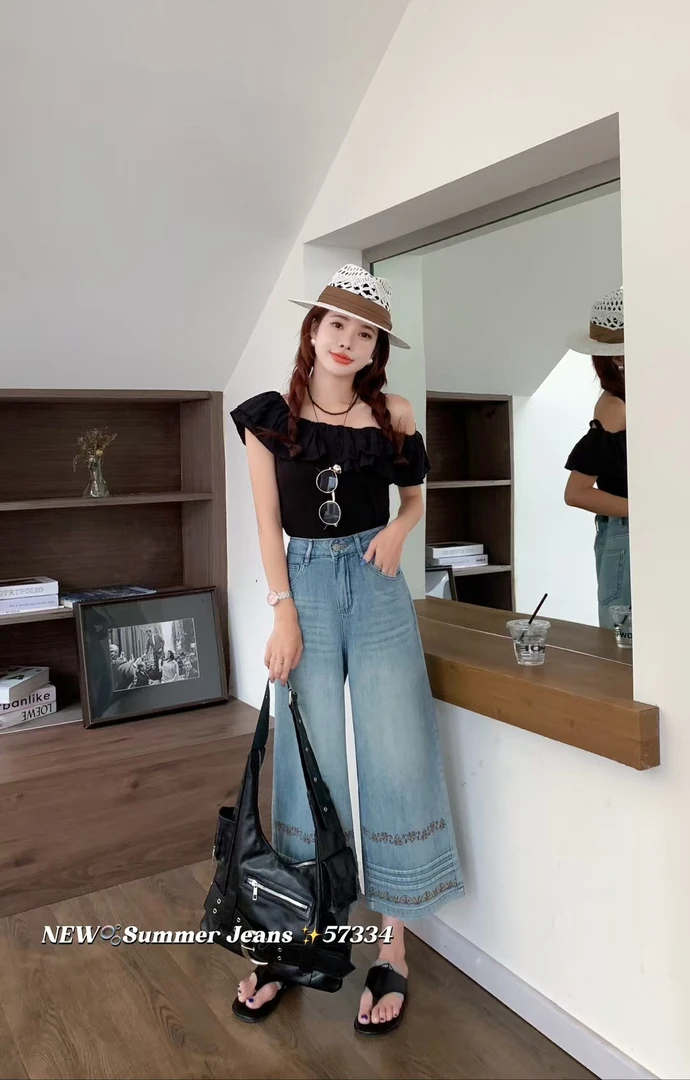 【萍姐】57334-欧版新款显瘦刺绣直筒九分牛仔裤