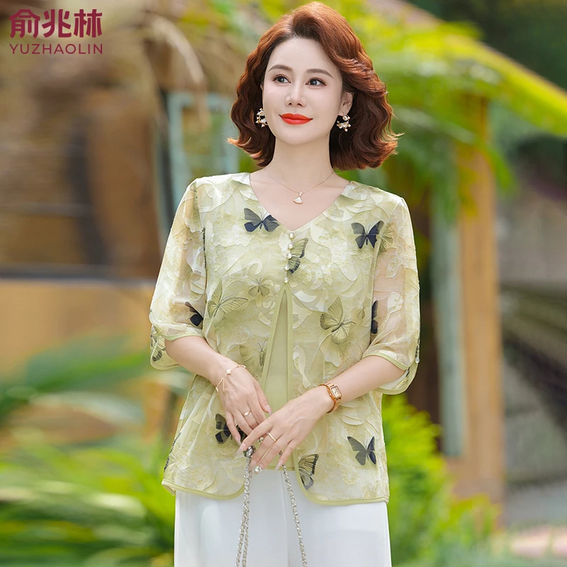 俞兆林妈妈夏装国风雪纺小衫中老年女夏季洋气短袖T恤上衣两件套