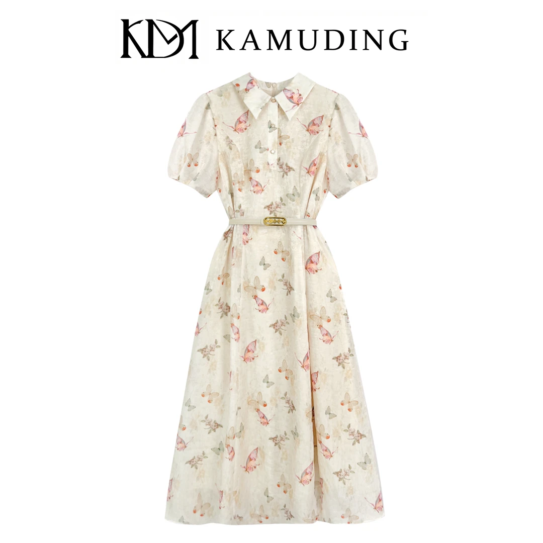 KAMUDING2025新款浅米色印花立领气质优雅设计感连衣裙8771