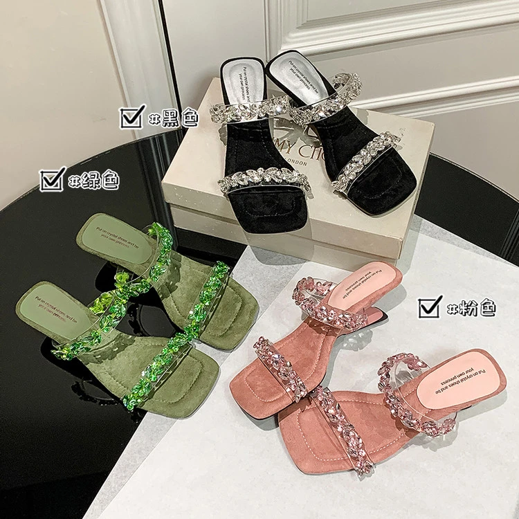 法式仙女风一字拖女气质简约异型坡跟透明带水钻夏季外穿凉拖鞋