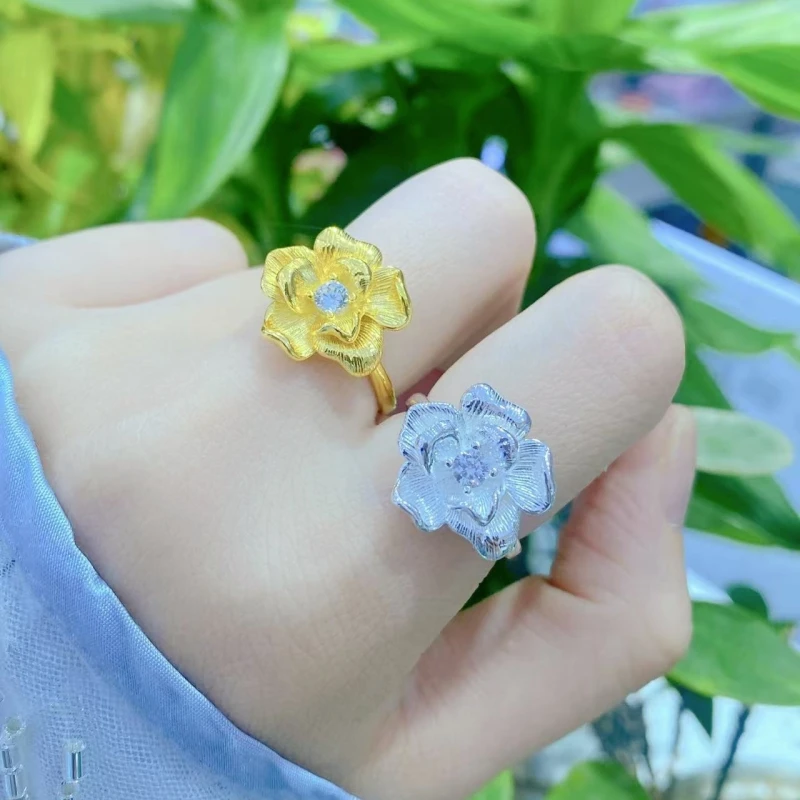 925银戒指 轻奢高级拉丝山茶花微镶戒指