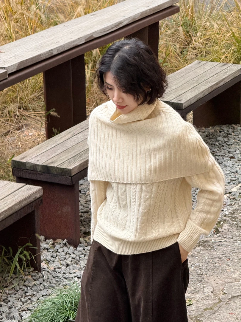 【夜曲】冬季新款大披肩绵羊毛针织衫加厚款麻花条纹针织上衣