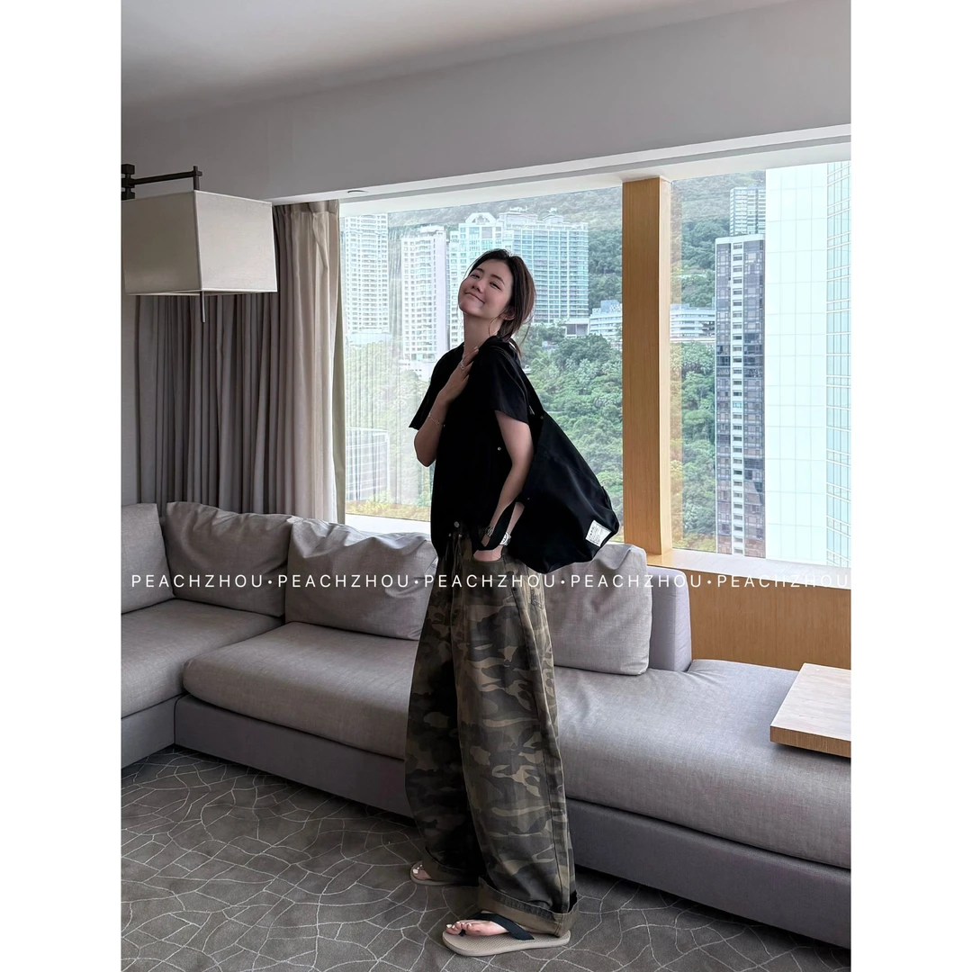 『PEACHZHOU』经典迷彩做旧水洗宽松牛仔裤美式休闲松紧系带阔腿裤