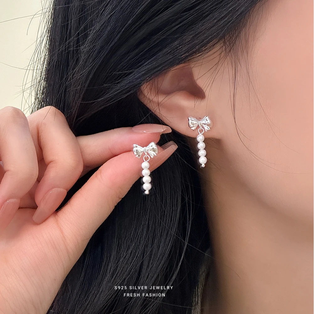 s925纯银蝴蝶结耳钉女圆珠流苏韩版精致气质耳坠百搭设计感耳饰