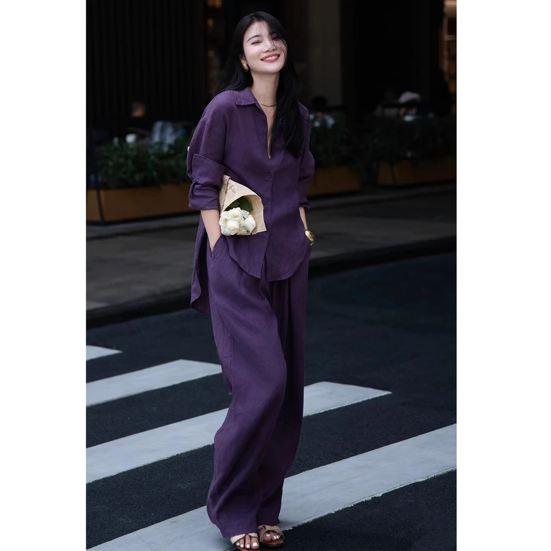 高级感2025夏季紫色简约气质宽松亚麻衬衫上衣直筒阔腿裤套装女