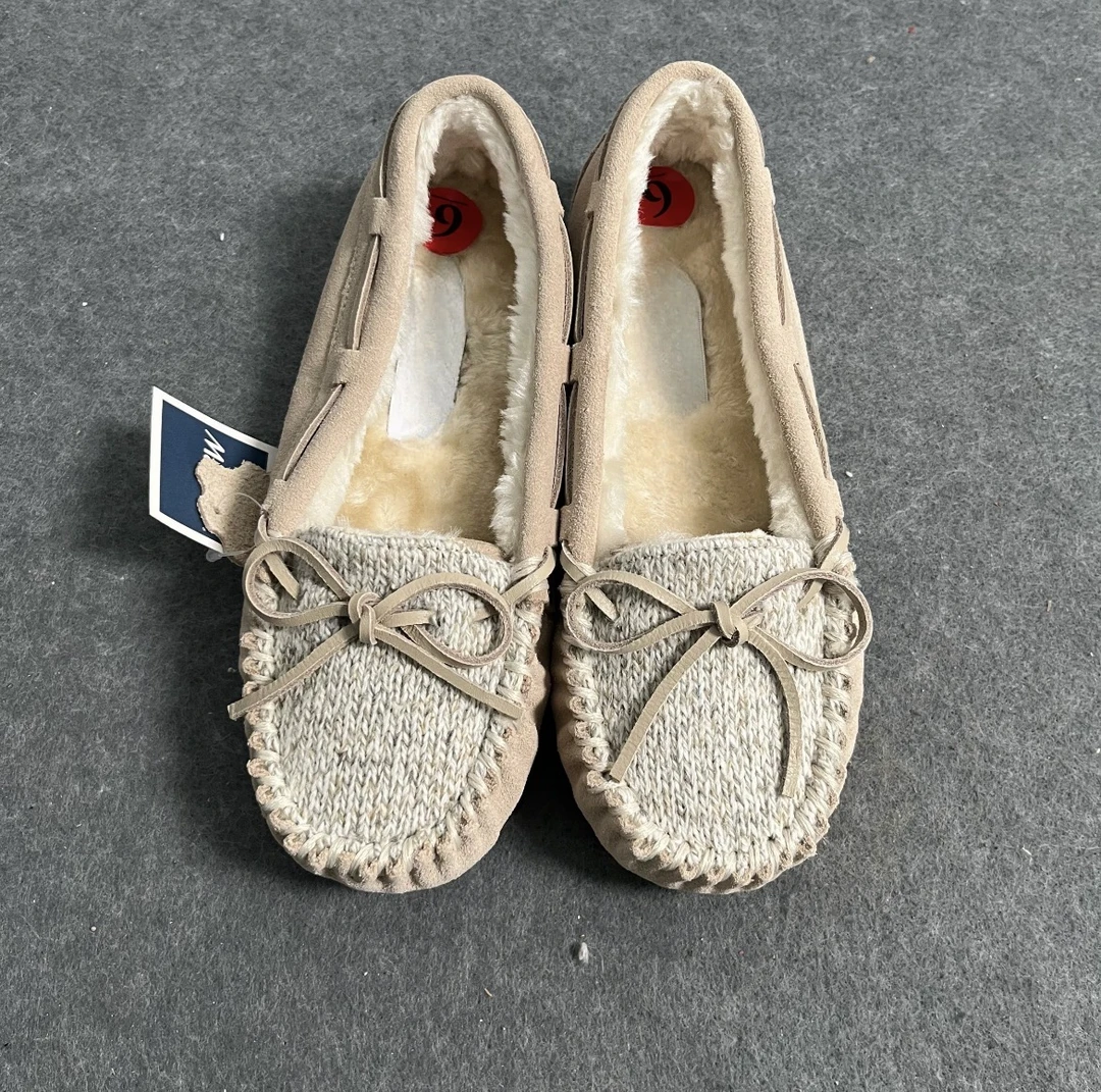 女士米色针织鞋面加绒保暖豆豆鞋(根据尺码推荐拍)