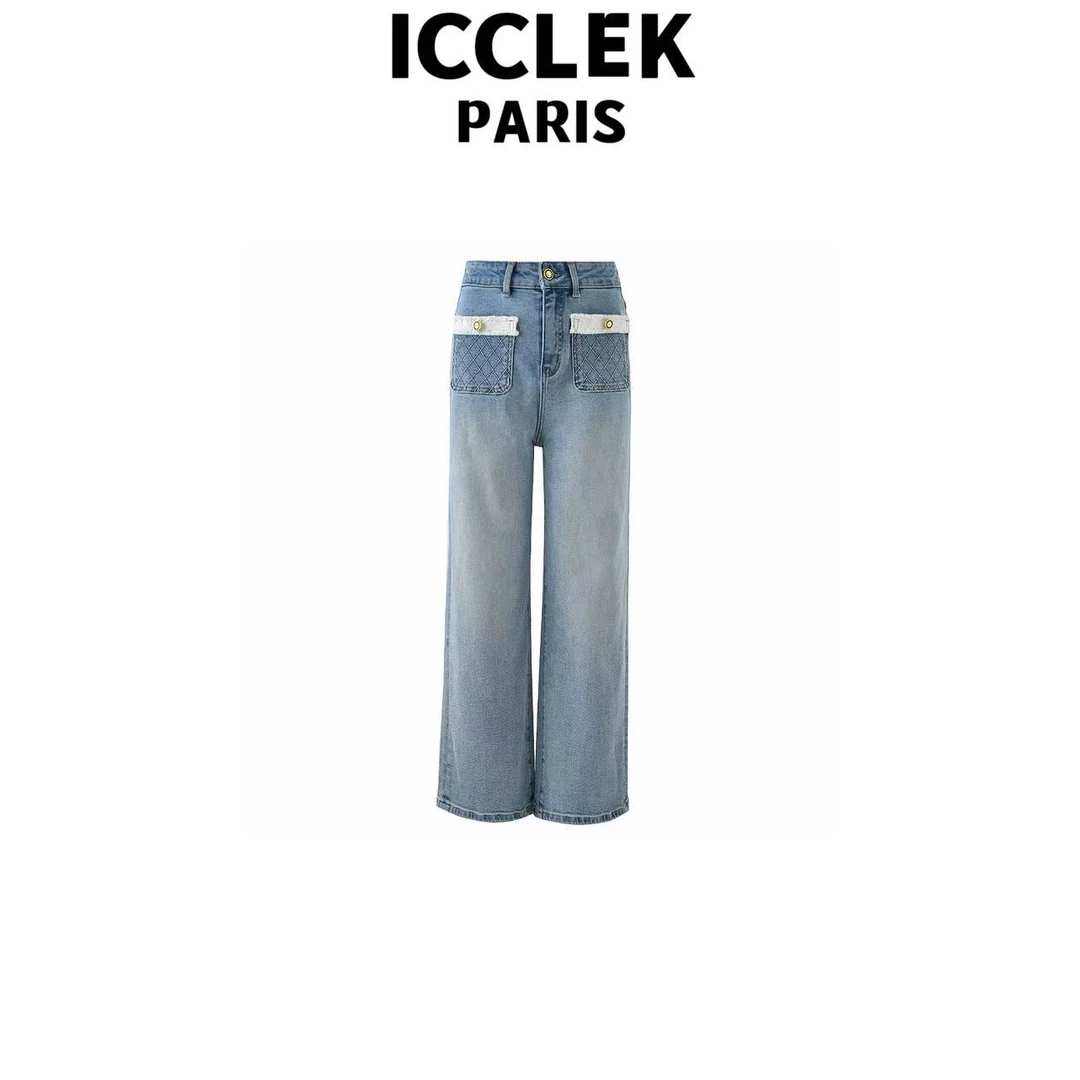ICCLEK 设计师款高腰蓝色直筒百搭牛仔裤宽松显瘦通勤长裤 - 9189