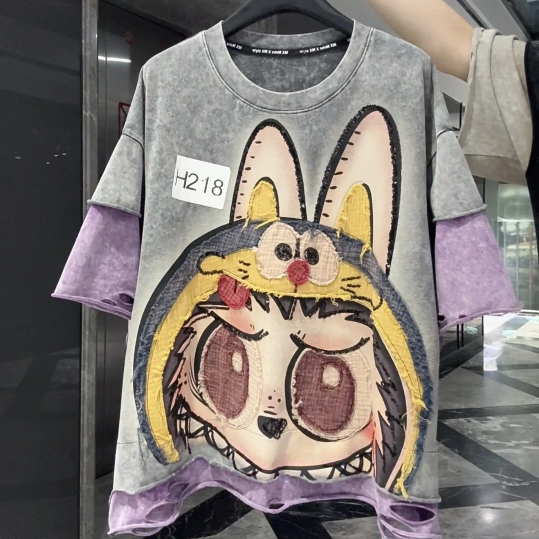 【218】新款潮牌重工卡通拉布布假两件短袖T恤女宽松休闲百搭