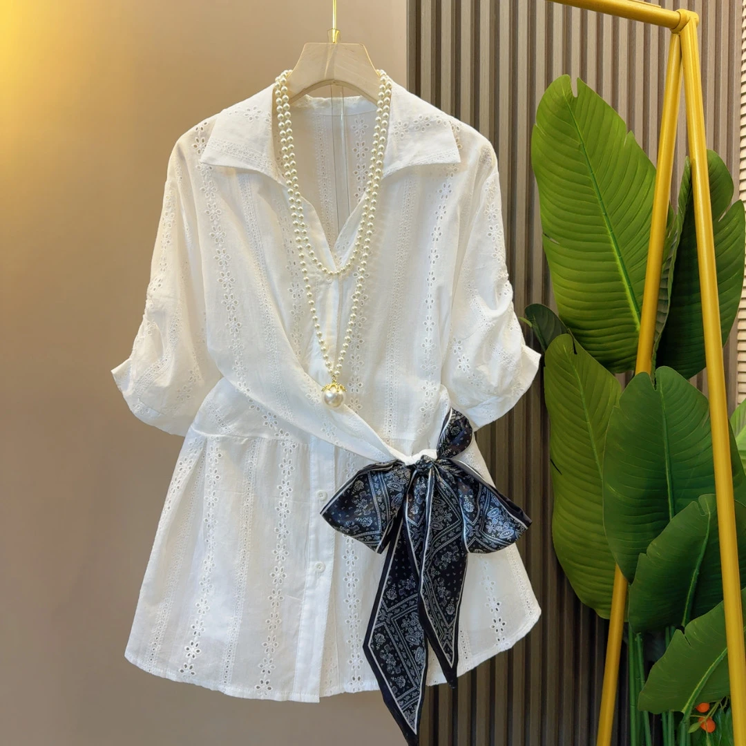 韩系网红简约腰部系带蝴蝶结小众衬衫衣长68左右