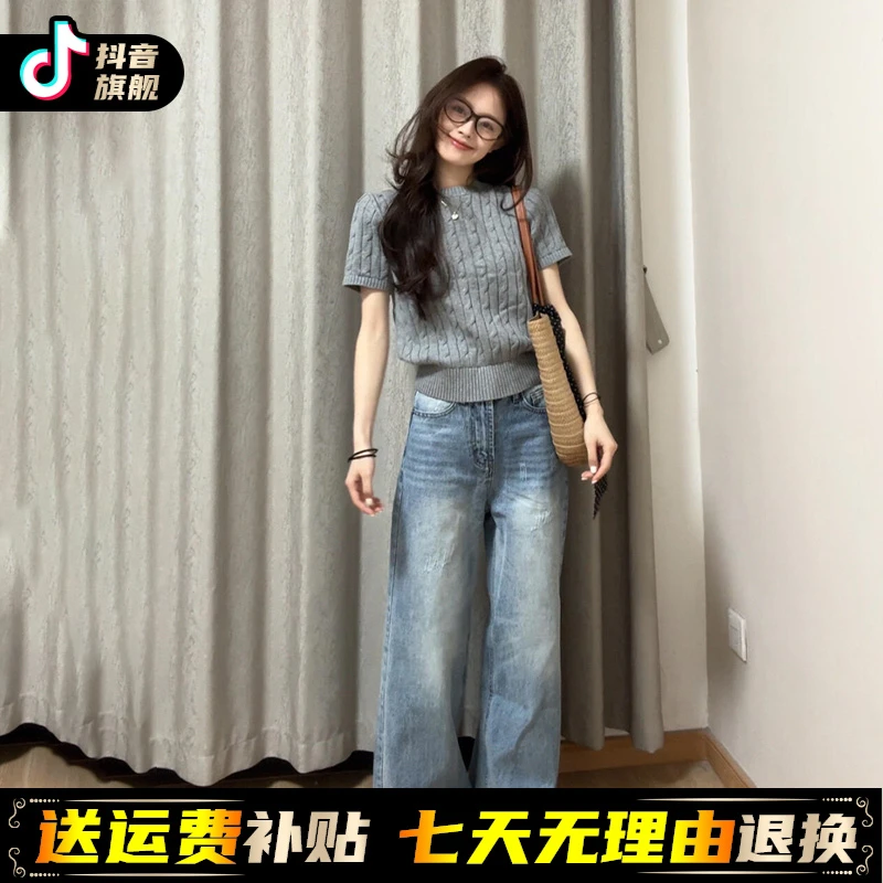 2025新款灰色正肩短袖t恤女夏季独特漂亮小衫慵懒风短款针织上衣