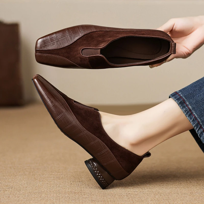真皮时尚拼接英伦风复古深口乐福鞋子百搭中跟粗跟四季方头单鞋女