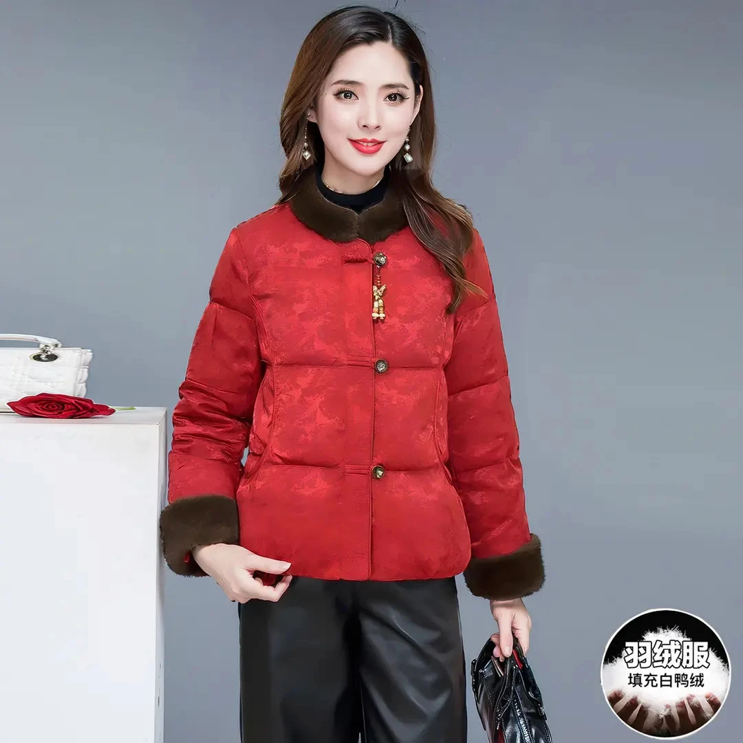 冬季中国风短款加厚妈妈羽绒服女装2025年新款时尚保暖白鸭绒外套