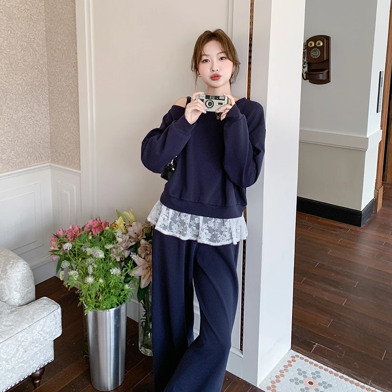 藏青色韩版蕾丝拼接露肩卫衣套装女2025春季新款休闲阔腿裤两件套