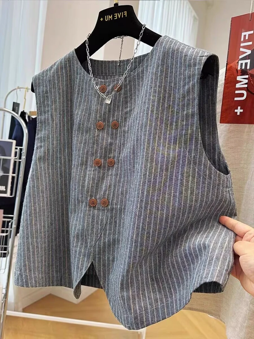 棉麻亚麻条纹无袖短款外穿西装马甲背心女2025夏季薄款外套上衣潮