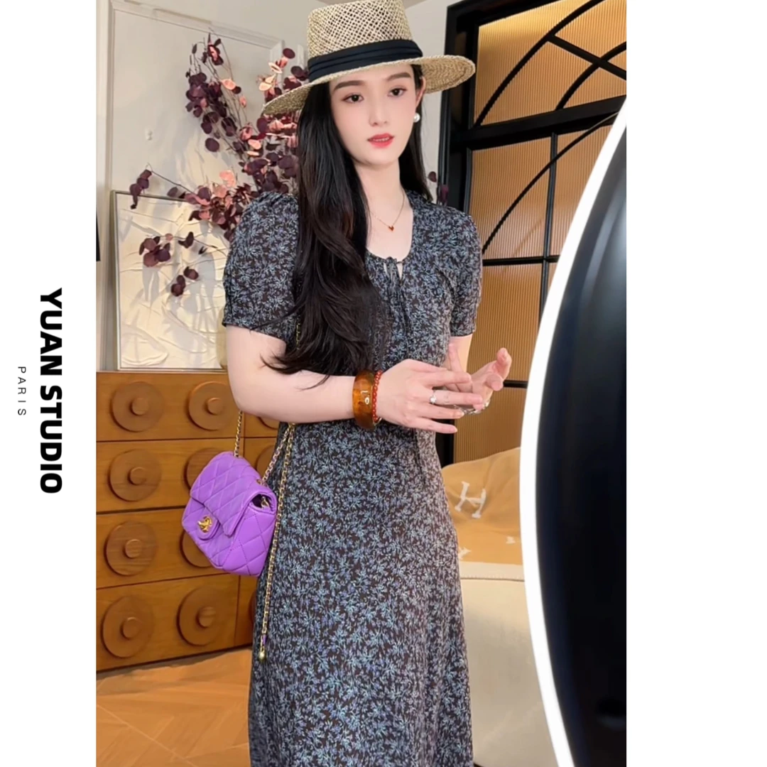 YUAN 【溪畔花影】夏季法式复古斜裁显瘦遮肉防晒短袖优雅连衣裙