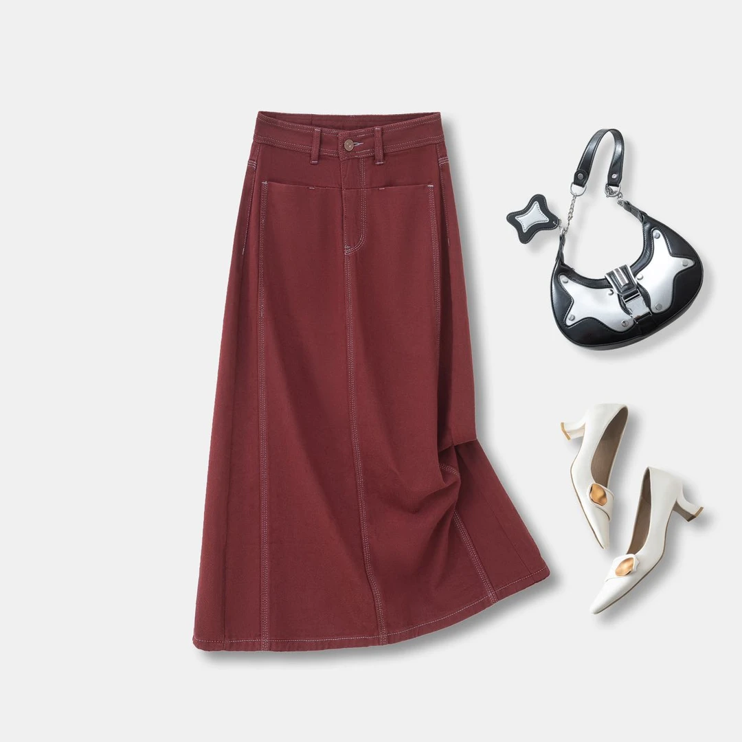 (安可拉红)A字版牛仔半身裙春款宽松显瘦时尚百搭休闲半裙3195