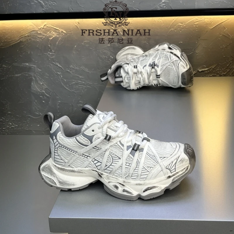 法莎尼亚轻奢男鞋秋季新款透气休闲厚底老爹鞋做旧绑带个性增高鞋