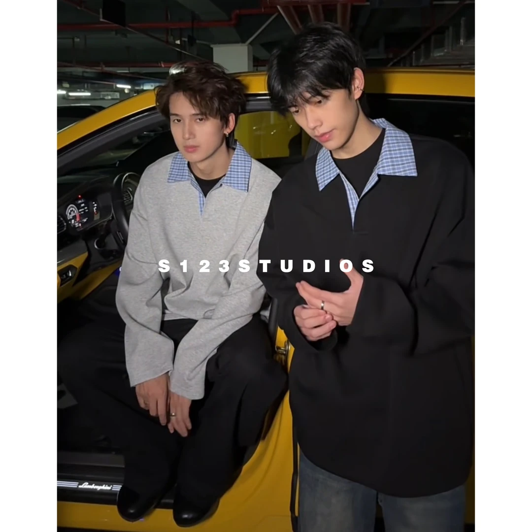 聪明陈2025早秋新品 美式复古假两件拼接撞色长袖T恤通勤休闲上衣